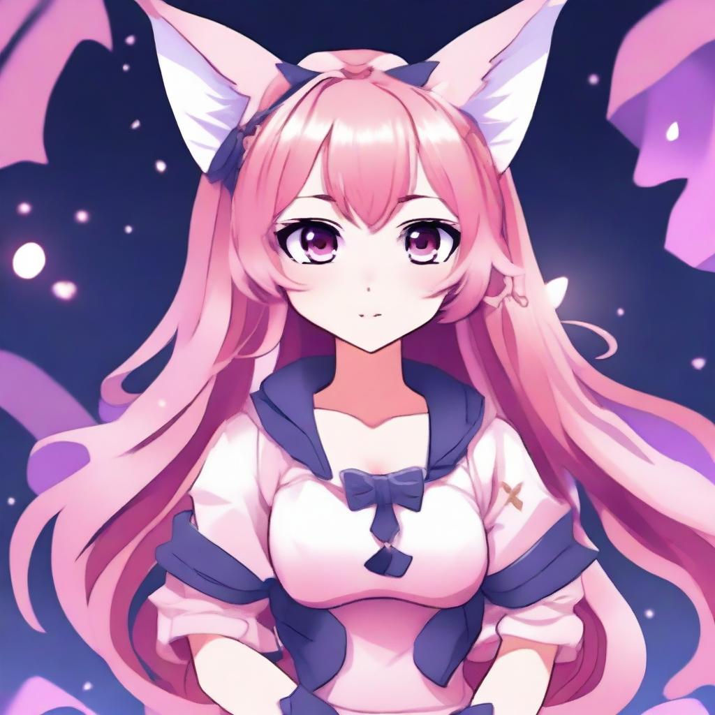 Create an anime-style waifu character with pink hair and fox ears