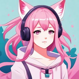 Create an anime-style waifu character with pink hair and fox ears