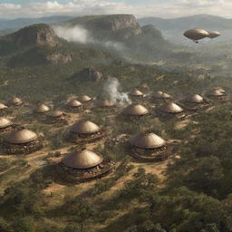 A visualization of Eswatini (Swaziland) with a steampunk overlay: imagine traditional Swazi huts replaced with steam-powered dwellings, forest reserves populated with gear-engraved wildlife, and airships floating majestically over Hlane Royal National Park.