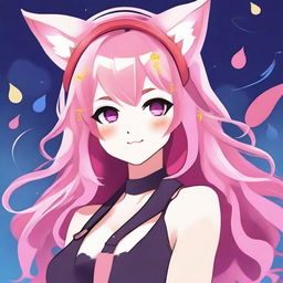 Create an anime-style waifu character with pink hair and fox ears