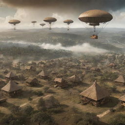 A visualization of Eswatini (Swaziland) with a steampunk overlay: imagine traditional Swazi huts replaced with steam-powered dwellings, forest reserves populated with gear-engraved wildlife, and airships floating majestically over Hlane Royal National Park.