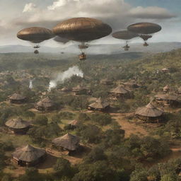 A visualization of Eswatini (Swaziland) with a steampunk overlay: imagine traditional Swazi huts replaced with steam-powered dwellings, forest reserves populated with gear-engraved wildlife, and airships floating majestically over Hlane Royal National Park.