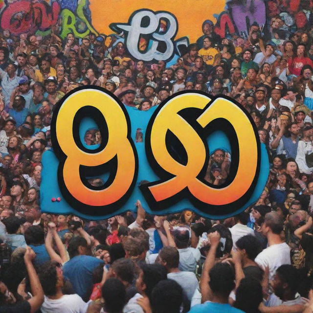 A vibrant hip hop show scene with the title 'P's & Q's' in bold, graffiti-style lettering, spotlighted on a concert stage amidst an energetic crowd.