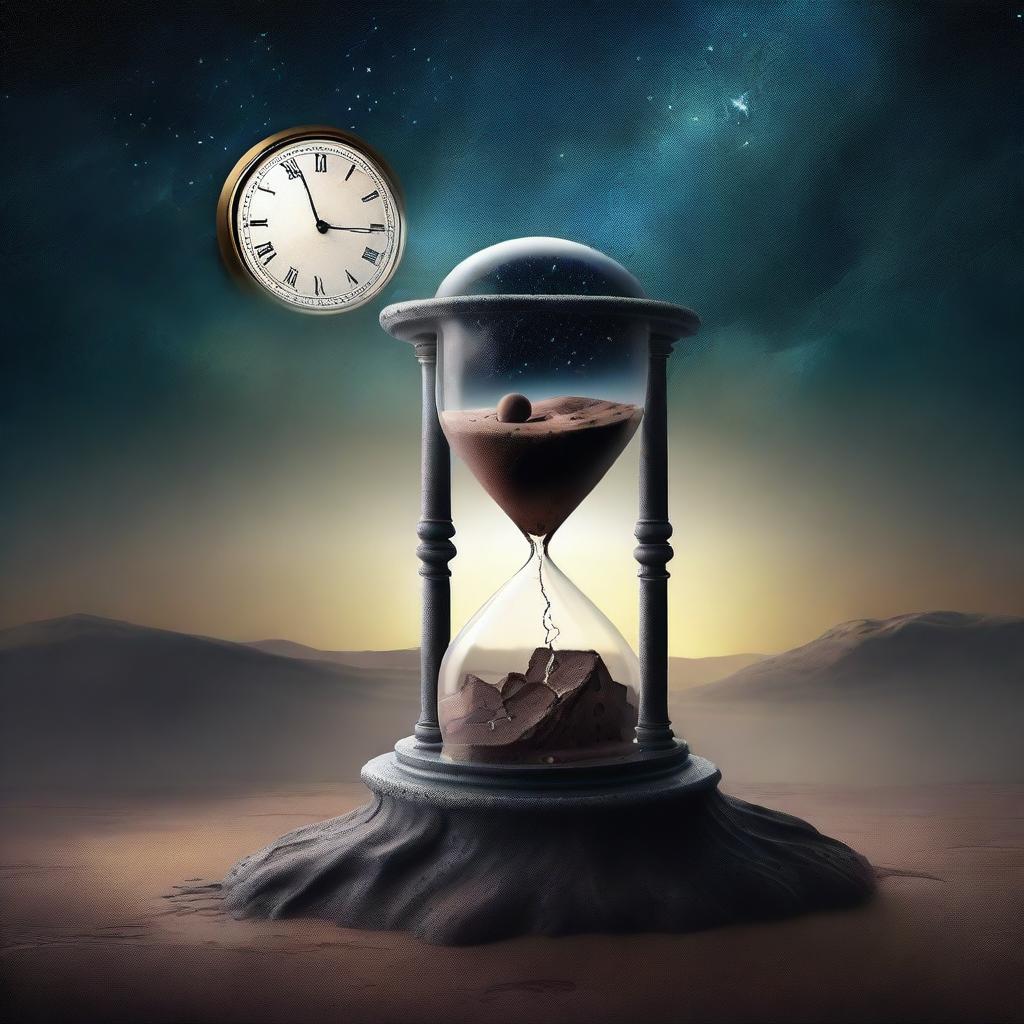 A surreal depiction of the end of time, featuring a melting clock, a crumbling hourglass, and a vast, empty landscape with a dark, starry sky