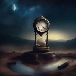 A surreal depiction of the end of time, featuring a melting clock, a crumbling hourglass, and a vast, empty landscape with a dark, starry sky