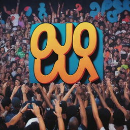 A vibrant hip hop show scene with the title 'P's & Q's' in bold, graffiti-style lettering, spotlighted on a concert stage amidst an energetic crowd.