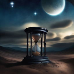 A surreal depiction of the end of time, featuring a melting clock, a crumbling hourglass, and a vast, empty landscape with a dark, starry sky