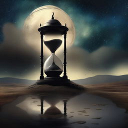 A surreal depiction of the end of time, featuring a melting clock, a crumbling hourglass, and a vast, empty landscape with a dark, starry sky