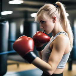 A 20-year-old blonde girl practicing boxing in a gym