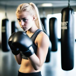 A 20-year-old blonde girl practicing boxing in a gym