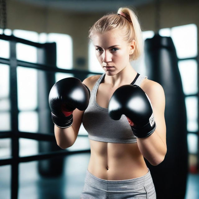 A 20-year-old blonde girl practicing boxing in a gym