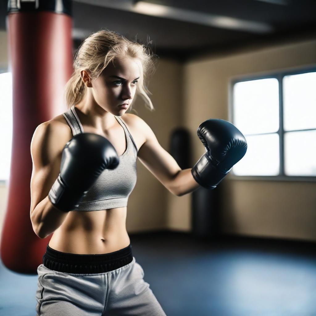 A 20-year-old blonde girl practicing boxing without a top to feel more free