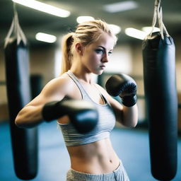 A 20-year-old blonde girl practicing boxing without a top to feel more free