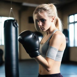 A 20-year-old blonde girl practicing boxing without a top to feel more free