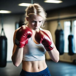 A 20-year-old blonde girl practicing boxing without a top to feel more free