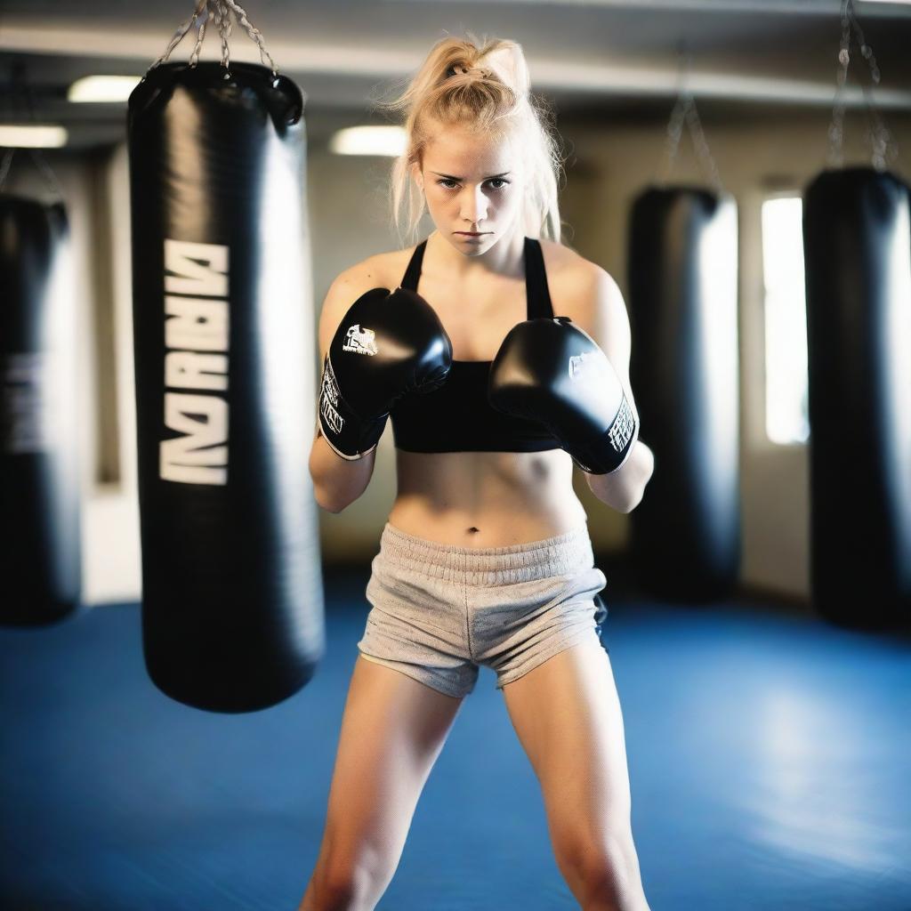 A 20-year-old blonde girl practicing boxing without her top on to feel free