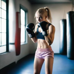 A 20-year-old blonde girl practicing boxing without her top on to feel free