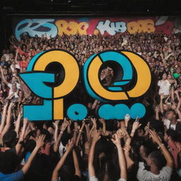 A vibrant hip hop show scene with the title 'P's & Q's' in bold, graffiti-style lettering, spotlighted on a concert stage amidst an energetic crowd.