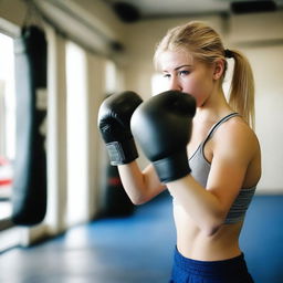 A 20-year-old blonde girl practicing boxing without her top on to feel free