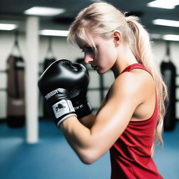 A 20-year-old blonde girl practicing boxing with her top uncovered, feeling free and confident about her breasts