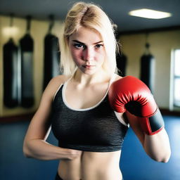 A 20-year-old blonde girl practicing boxing with her top uncovered, feeling free and confident about her breasts