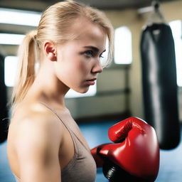 A 20-year-old blonde girl practicing boxing with her top uncovered, feeling free and confident about her breasts