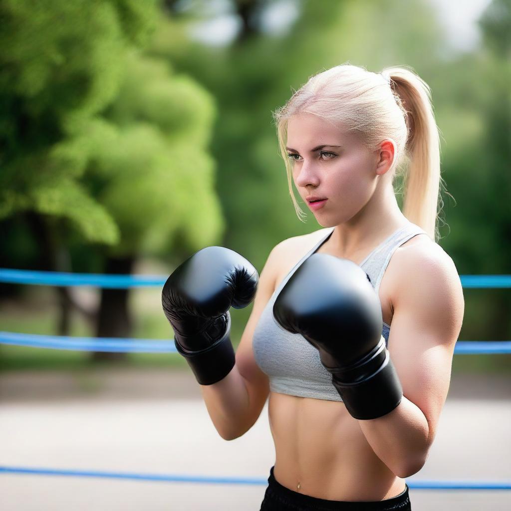 A 20-year-old blonde girl practicing boxing outdoors with her breasts exposed, feeling free and confident