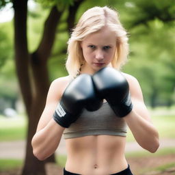 A 20-year-old blonde girl practicing boxing outdoors with her breasts exposed, feeling free and confident