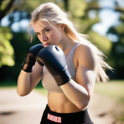 A 20-year-old blonde girl practicing boxing outdoors with her breasts exposed, feeling free and confident