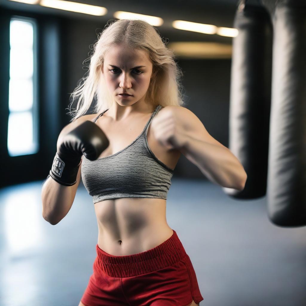 A 20-year-old blonde girl practicing boxing topless, feeling free and confident