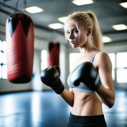 A 20-year-old blonde girl practicing boxing topless, feeling free and confident