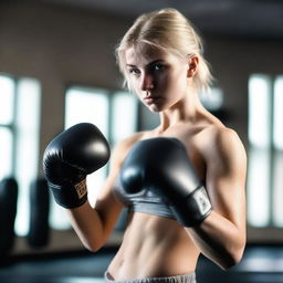 A 20-year-old blonde girl practicing boxing topless, feeling free and confident