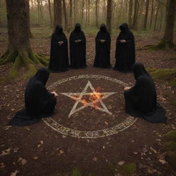 Four shadowy figures gathered around an enflamed pentagram inscribed on the forest floor, casting an air of enchantment and intrigue within the night woodland setting.