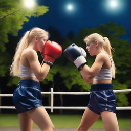 A boxing match between two 19-year-old blonde girls in a park at night