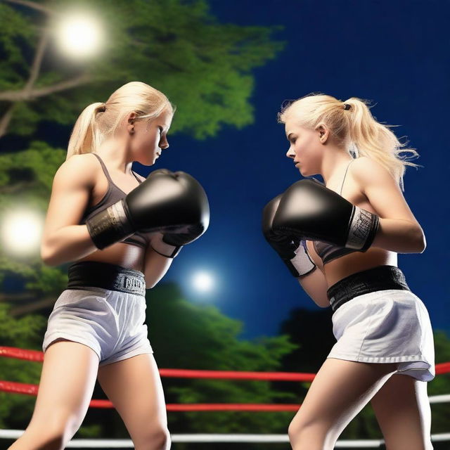 A boxing match between two 19-year-old blonde girls in a park at night