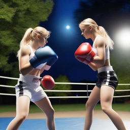 A boxing match between two 19-year-old blonde girls in a park at night