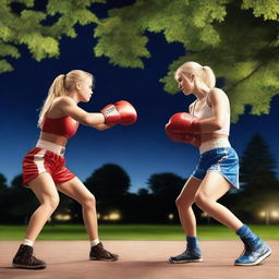 A boxing match between two 19-year-old blonde girls in a park at night