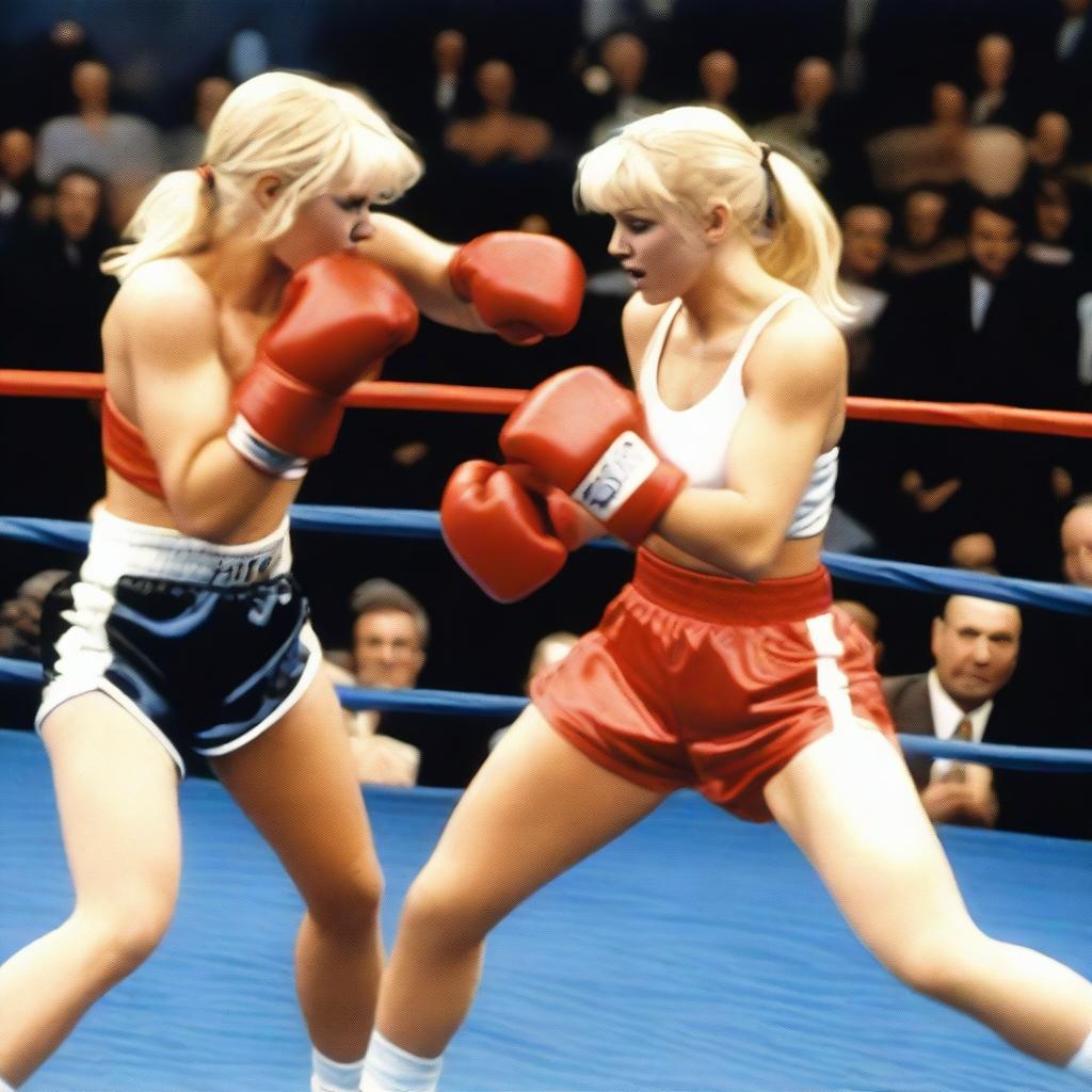 A boxing match between two 19-year-old blonde girls with large breasts in a ring, with an audience watching