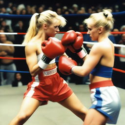 A boxing match between two 19-year-old blonde girls with large breasts in a ring, with an audience watching