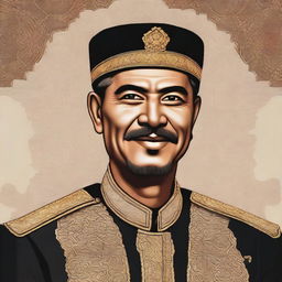 A detailed portrait of Hasan Tiro, the leader of Aceh Merdeka, depicted in a respectful and dignified manner