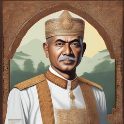 A detailed portrait of Hasan Tiro, the leader of Aceh Merdeka, depicted in a respectful and dignified manner