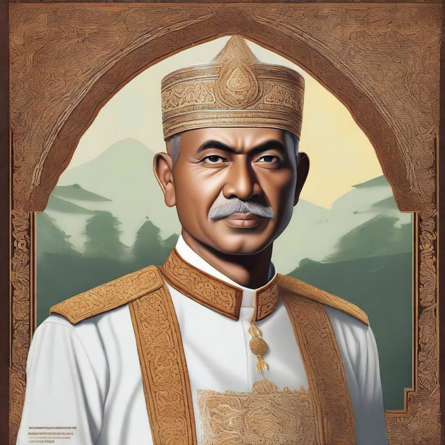 A detailed portrait of Hasan Tiro, the leader of Aceh Merdeka, depicted in a respectful and dignified manner