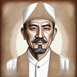 A detailed portrait of Hasan Tiro, the leader of Aceh Merdeka, depicted in a respectful and dignified manner