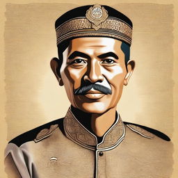 A detailed portrait of Hasan Tiro, the leader of Aceh Merdeka, depicted in a respectful and dignified manner