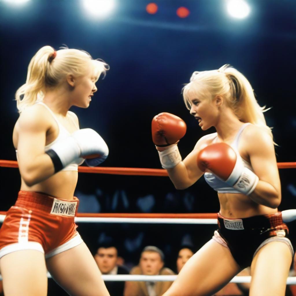 A boxing match between two 19-year-old blonde girls with large breasts, wearing bras and panties, in a ring with an audience watching