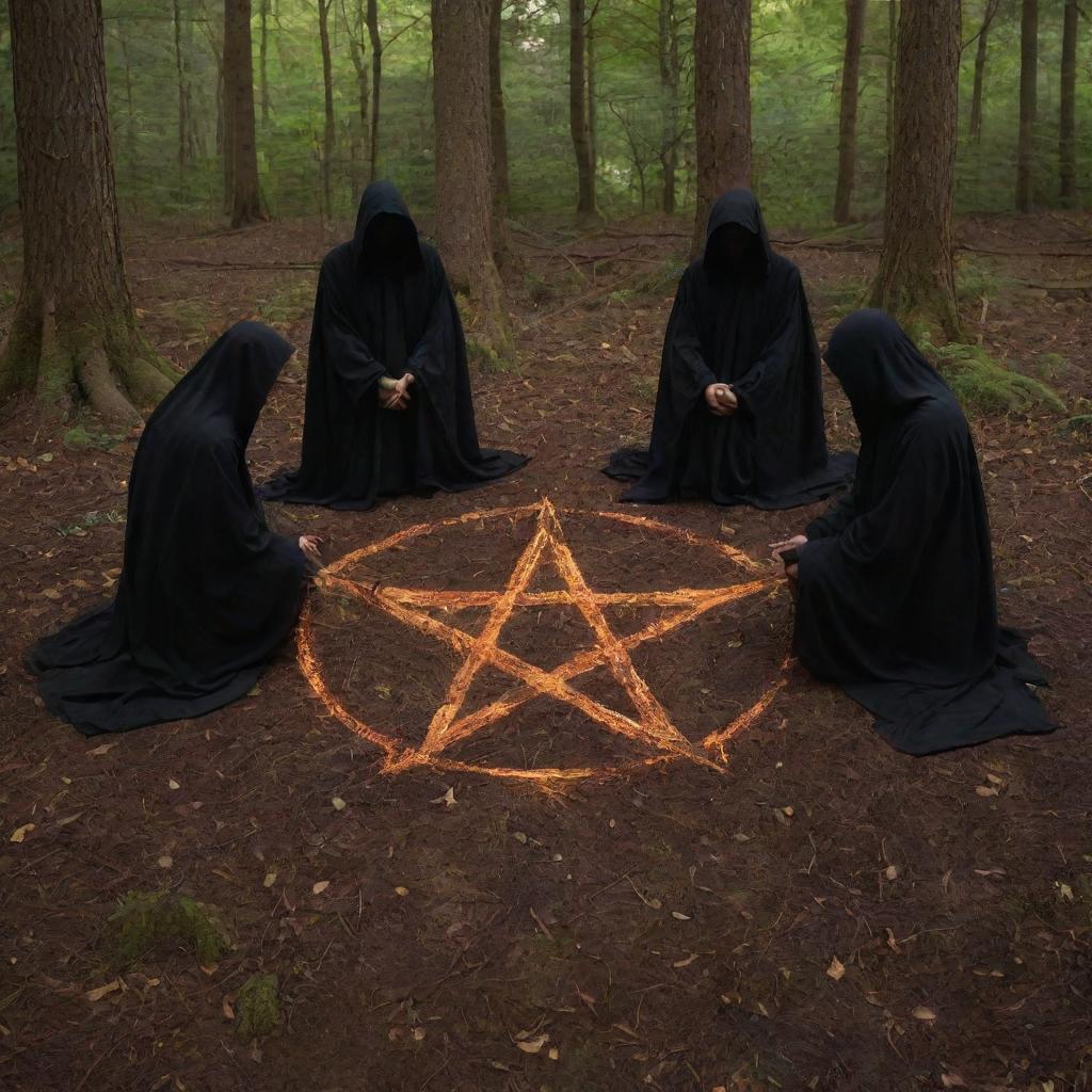 Four shadowy figures gathered around an enflamed pentagram inscribed on the forest floor, casting an air of enchantment and intrigue within the night woodland setting.