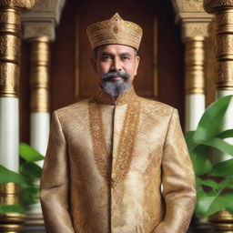 A detailed and majestic portrait of Raja Aceh, wearing traditional royal attire with intricate patterns, standing in an opulent palace with golden accents