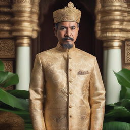 A detailed and majestic portrait of Raja Aceh, wearing traditional royal attire with intricate patterns, standing in an opulent palace with golden accents