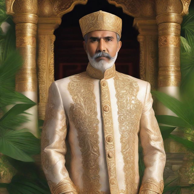 A detailed and majestic portrait of Raja Aceh, wearing traditional royal attire with intricate patterns, standing in an opulent palace with golden accents