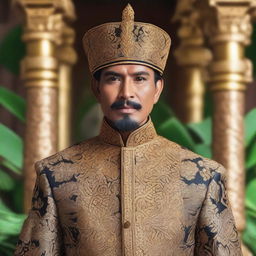 A detailed and majestic portrait of Raja Aceh, wearing traditional royal attire with intricate patterns, standing in an opulent palace with golden accents